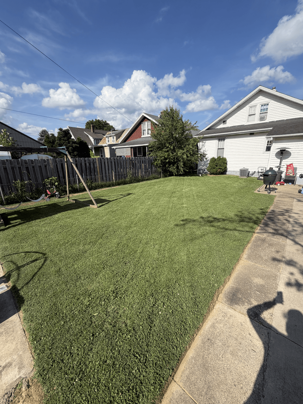 Freshly maintained green lawn with crisp mowing stripes and clean landscaping